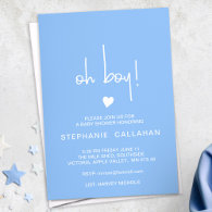 Modern blue oh boy baby shower card, tiny heart invitation