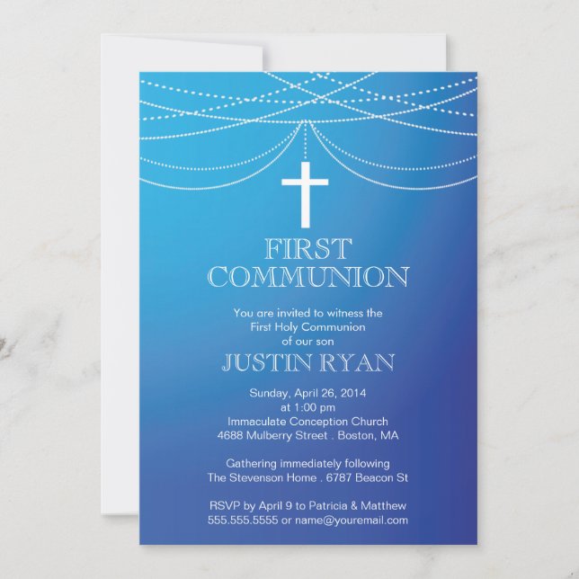 Modern Blue Ombre Garland Cross Boy Communion Invitation (Front)
