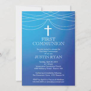 Modern Blue Ombre Garland Cross Boy Communion Invitation