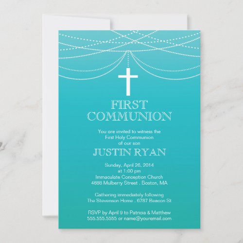 Modern Blue Ombre Garland Cross Boy Communion Invitation