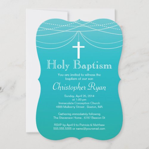 Modern Blue Ombre Garland Cross Holy Baptism Personalized Invites