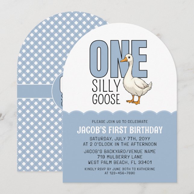 Modern Blue One Silly Goose 1st Birthday Party Invitation (Front/Back)