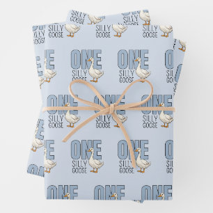 Modern Blue One Silly Goose First Birthday Wrapping Paper Sheets