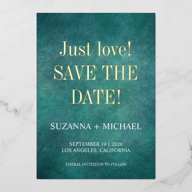 Modern blue, only love, save the date foil invitation (Front)