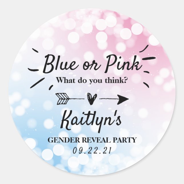 Modern Blue Or Pink? Gender Reveal Party Classic Round Sticker (Front)