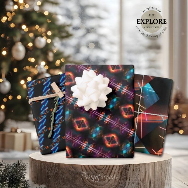 Modern Blue Orange and Black Neon Led Artistic  Wrapping Paper Sheets (Creator Uploaded)