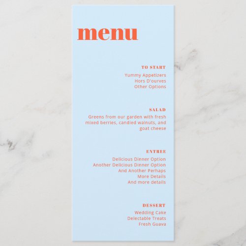 Modern Blue Orange Bold Wedding Tall Template Menu