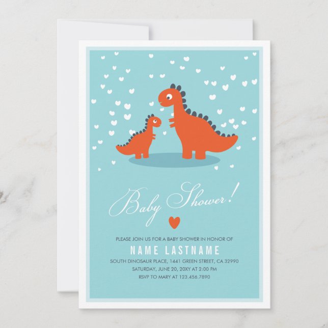 Modern Blue Orange Dinosaur Baby Shower Invitation (Front)