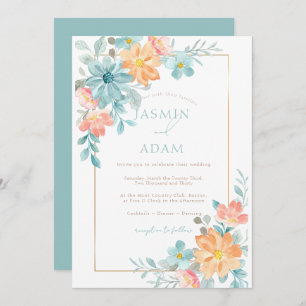 Modern Blue & Orange Floral Wedding Invitation