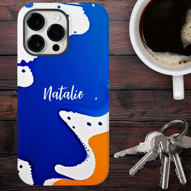 Modern Blue & Orange Paint Splatter Monogram Case-Mate iPhone Case (Creator Uploaded)