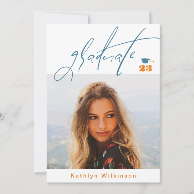 Modern Blue Orange Script Minimalist Photo GRAD    Invitation (Front)