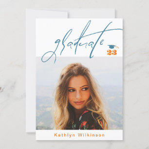 Modern Blue Orange Script Minimalist Photo GRAD Invitation