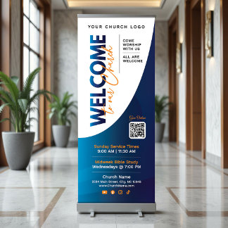 Modern Blue & Orange Welcome To Our Church Retractable Banner