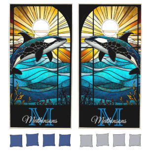 Modern Blue Orca Whale in the ocean Sunset Cornhole Set