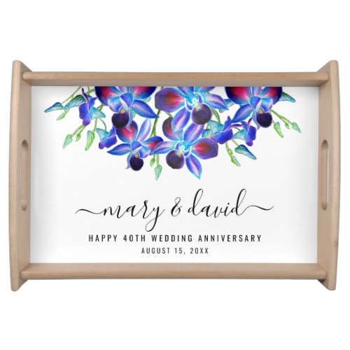 Modern Blue Orchid Floral 40th Wedding Anniversary Serving Tray
