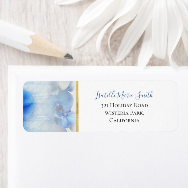Modern Blue Orchid Floral Gold Border Wedding Label (Insitu)