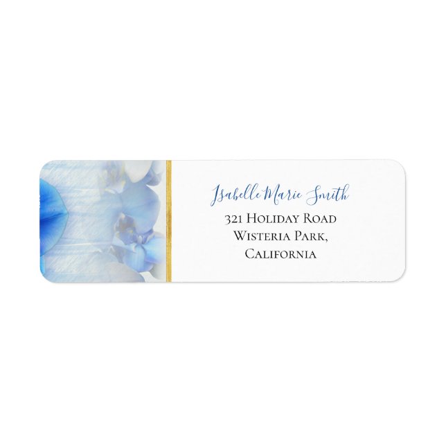 Modern Blue Orchid Floral Gold Border Wedding Label (Front)