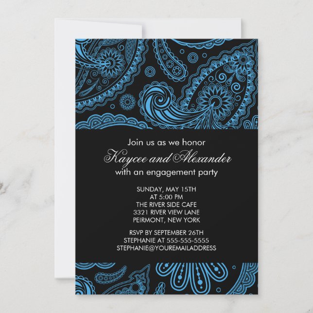 Modern Blue Paisley Engagement Party Invitations (Front)
