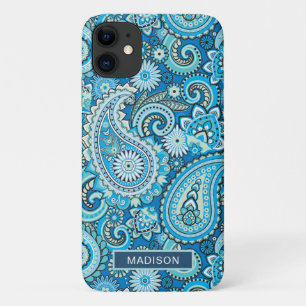 Modern Blue Paisley Pattern Personalized Name iPhone 11 Case