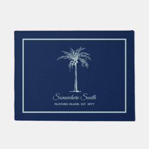 Modern Blue Pale Teal Palm Tree Personalized Doormat