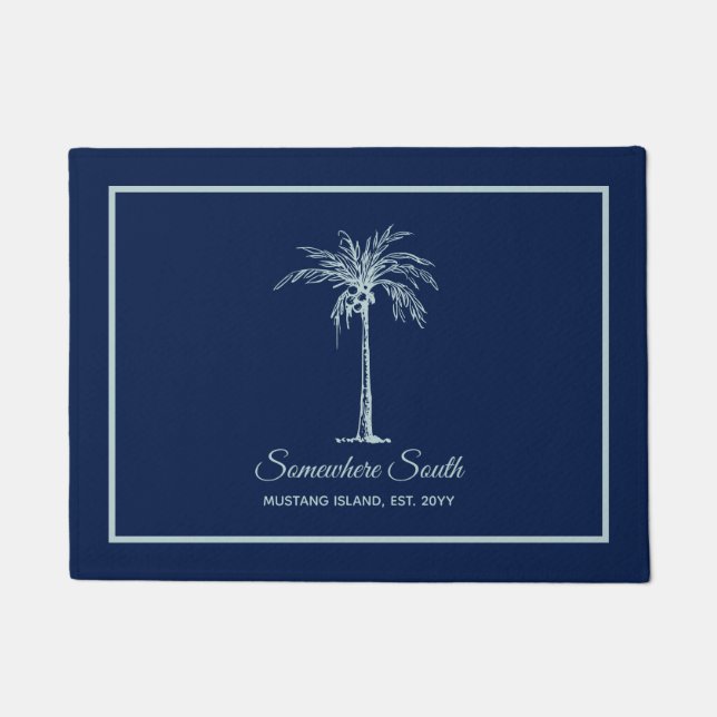 Modern Blue Pale Teal Palm Tree Personalized Doormat (Front)