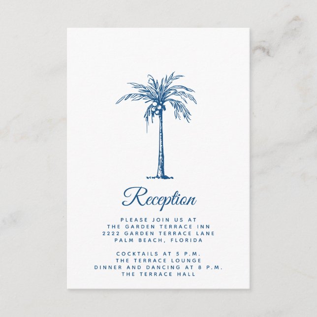 Modern Blue Palm Beach Wedding Reception Enclosure Card (Front)