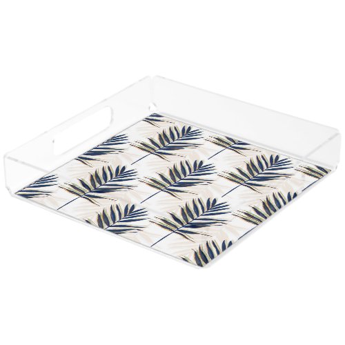 Modern Blue Palm Leaves Gold Strokes White Design Acrylic Tray