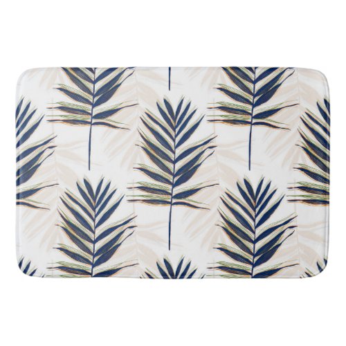 Modern Blue Palm Leaves Gold Strokes White Design Bath Mat