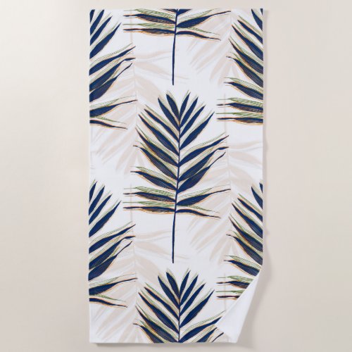 Modern Blue Palm Leaves Gold Strokes White Design Beach Towel