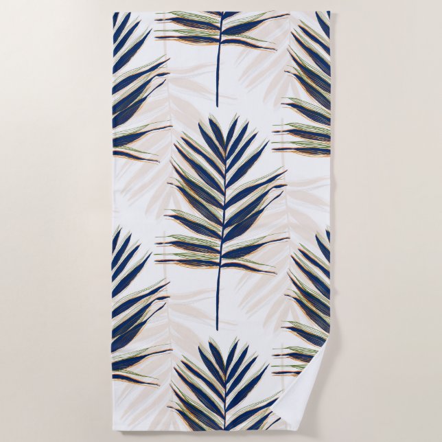 Modern Blue Palm Leaves Gold Strokes White Design Beach Towel (Front)
