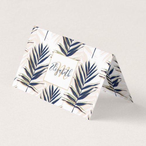 Modern Blue Palm Leaves Gold Strokes White Design Business Card