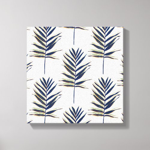 Modern Blue Palm Leaves Gold Strokes White Design Canvas Print