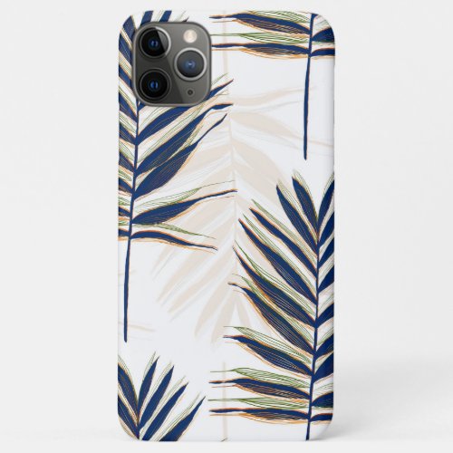 Modern Blue Palm Leaves Gold Strokes White Design iPhone 11 Pro Max Case