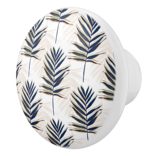Modern Blue Palm Leaves Gold Strokes White Design Ceramic Knob