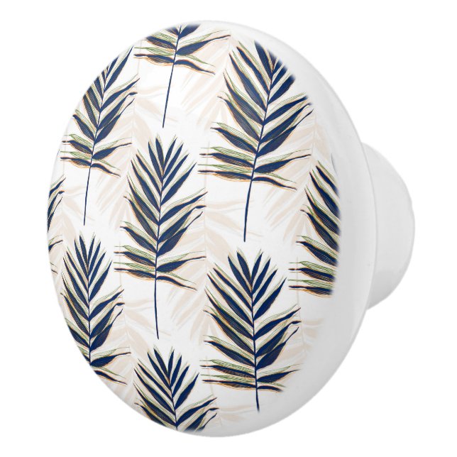 Modern Blue Palm Leaves Gold Strokes White Design Ceramic Knob (Right)