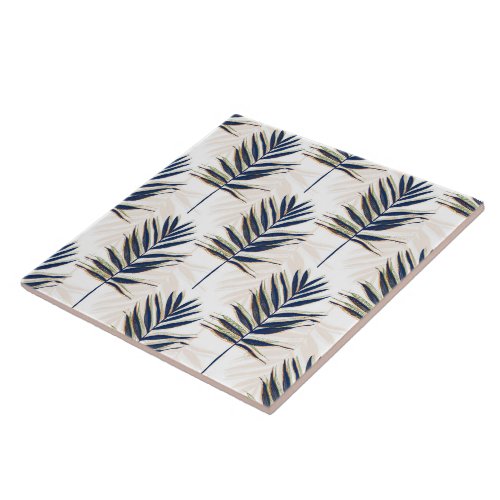 Modern Blue Palm Leaves Gold Strokes White Design Ceramic Tile