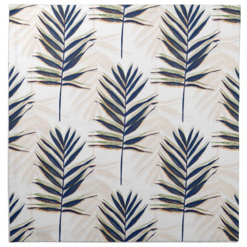Modern Blue Palm Leaves Gold Strokes White Design Cloth Napkin