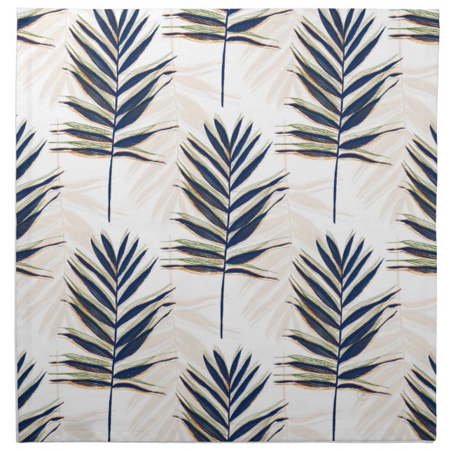 Modern Blue Palm Leaves Gold Strokes White Design Cloth Napkin (Front)