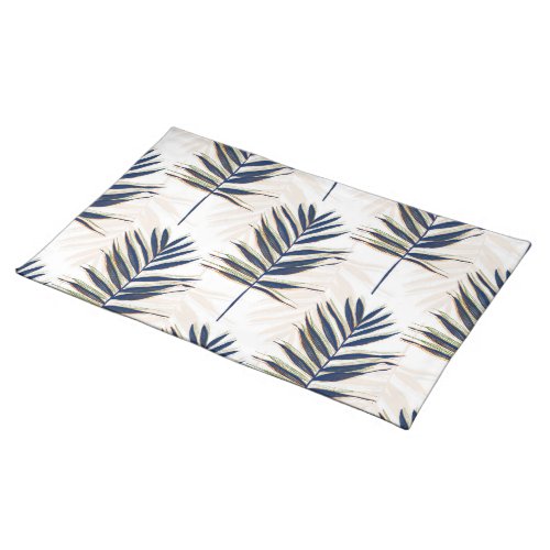 Modern Blue Palm Leaves Gold Strokes White Design Cloth Placemat
