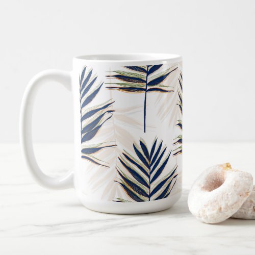 Modern Blue Palm Leaves Gold Strokes White Design Coffee Mug