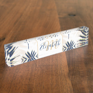 Modern Blue Palm Leaves Gold Strokes White Design Desk Name Plate