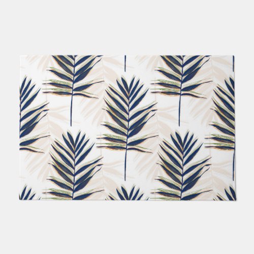Modern Blue Palm Leaves Gold Strokes White Design Doormat