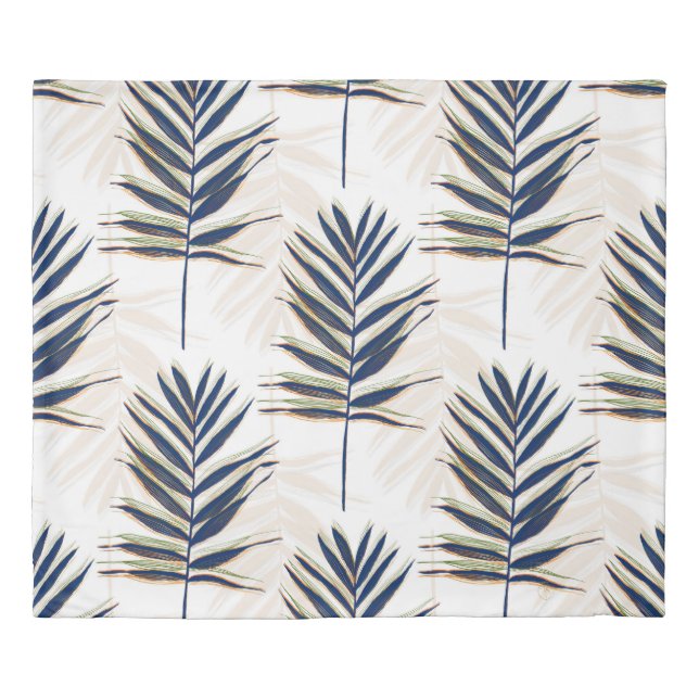 Modern Blue Palm Leaves Gold Strokes White Design Duvet Cover (Front)
