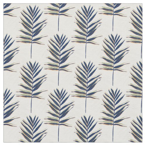 Modern Blue Palm Leaves Gold Strokes White Design Fabric