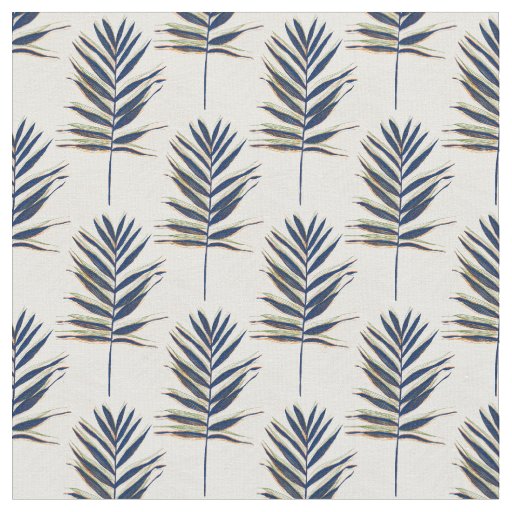 Modern Blue Palm Leaves Gold Strokes White Design Fabric