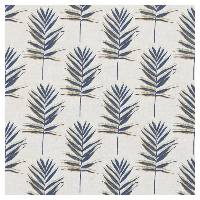 Modern Blue Palm Leaves Gold Strokes White Design Fabric (Close Up)