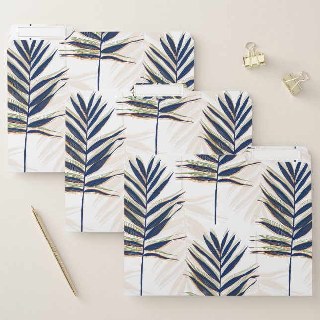 Modern Blue Palm Leaves Gold Strokes White Design File Folder (Set)