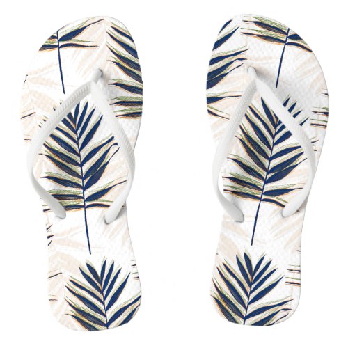 Modern Blue Palm Leaves Gold Strokes White Design Flip Flops