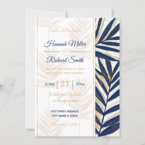 Modern Blue Palm Leaves Gold Strokes White Design Invitation