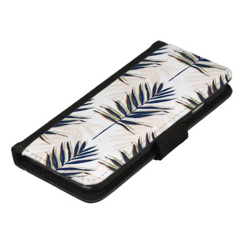 Modern Blue Palm Leaves Gold Strokes White Design iPhone 87 Wallet Case